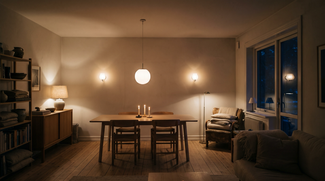 Scandinavian dining room at night lit only by low warm lamps: an opal glass pendant over the table, two wall sconces, a table lamp, a floor lamp and candles. The ceiling is dark.