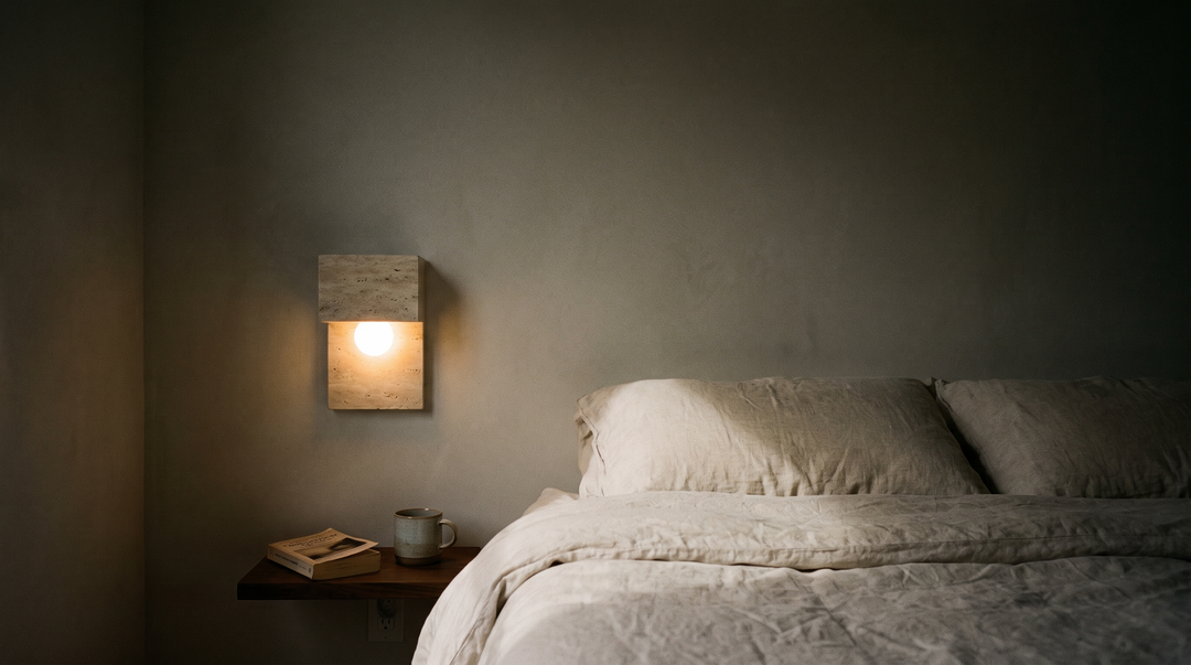 Travertine stone wall sconce mounted beside a bed, glowing with warm 2700K light across undyed linen bedding and an oiled wood shelf