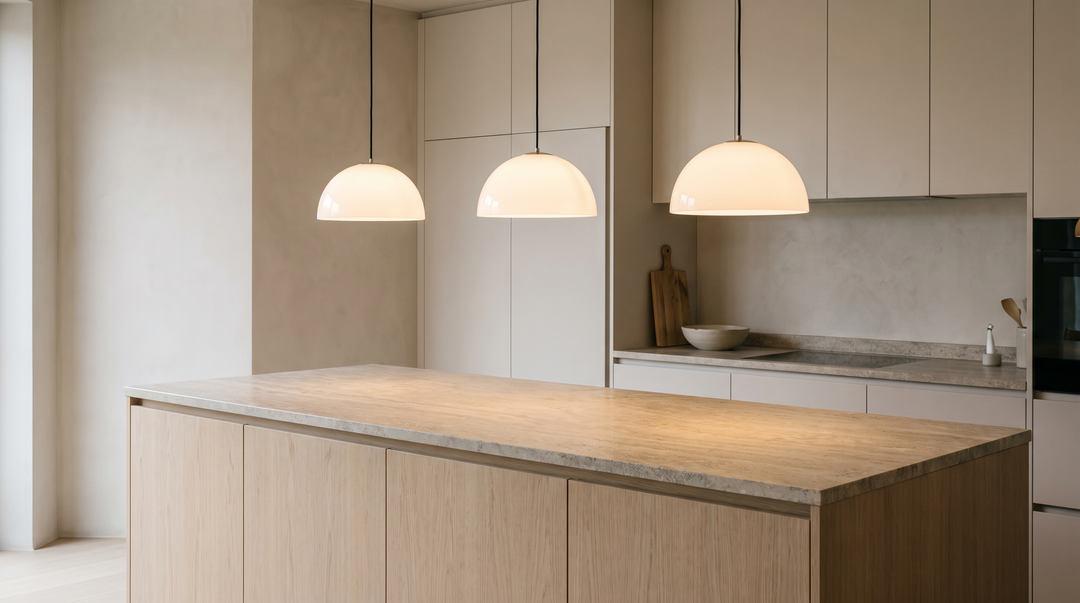 Three matching opal glass pendant lights hanging in an evenly spaced row above a kitchen island, hung low over the countertop and casting warm pools of light