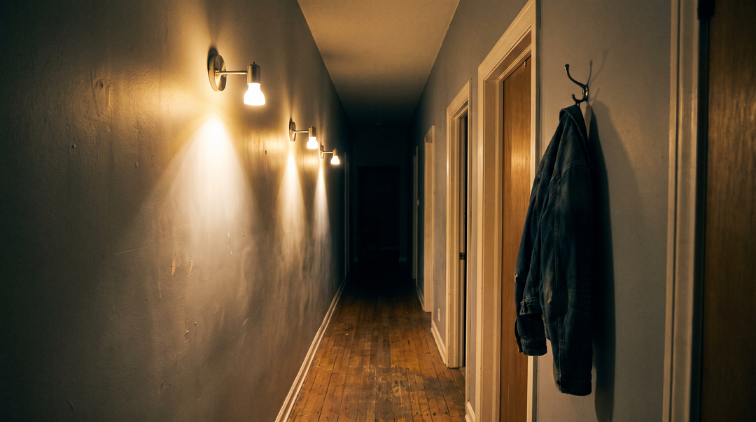 Three matching wall sconces mounted at even intervals along the wall of a narrow flat hallway, each casting a warm arc of light on the plain painted wall