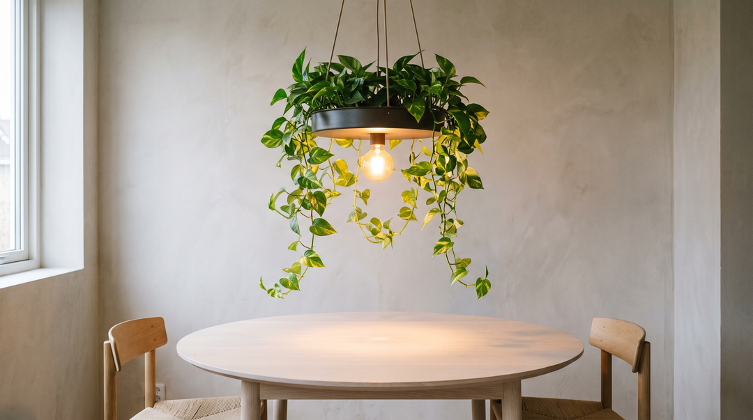 Planter pendant light above a dining table, with trailing pothos growing from the planting tray at the top of the shade and warm light falling on the table below
