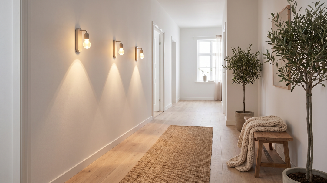 Three evenly spaced wall lights down a narrow Scandinavian hallway