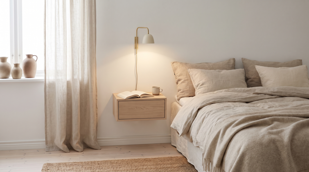 Slim wall light above a pale oak nightstand beside a linen bed