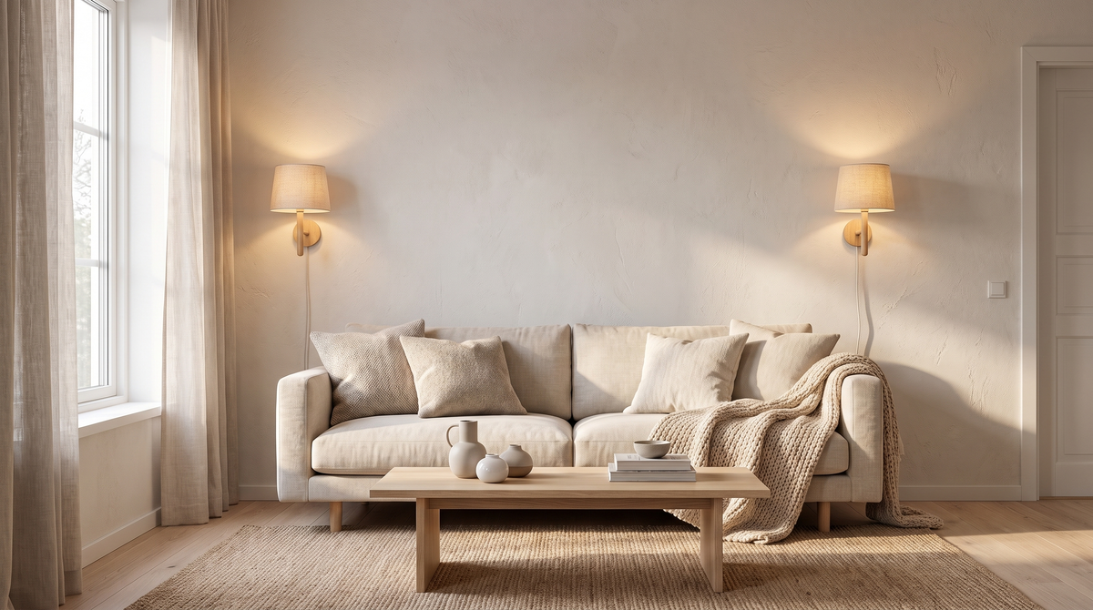 Two wall sconces mounted at eye level either side of a linen sofa