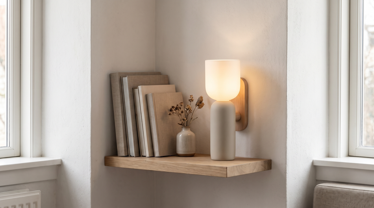 Cordless battery wall light glowing on a shelf with no cable visible