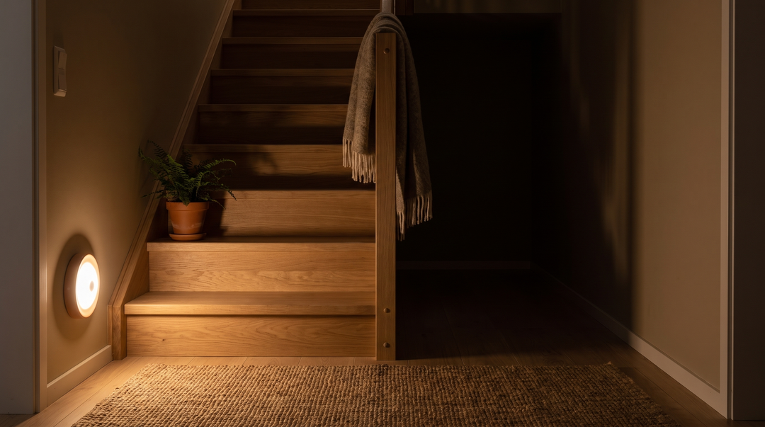 Motion sensor wall light glowing at the bottom of a staircase at night