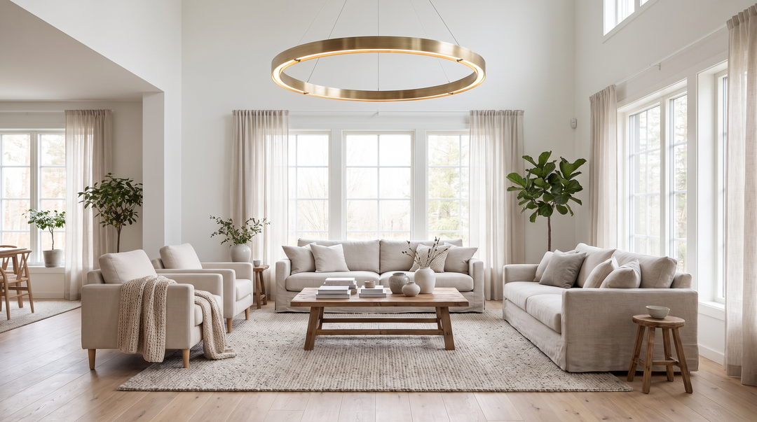 Large ring chandelier hanging in proportion above a Scandinavian seating area
