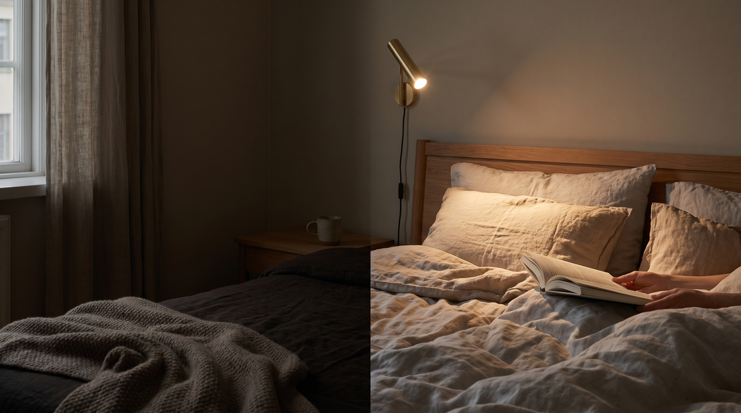 One side of a bed lit by a directed reading light while the other stays dark