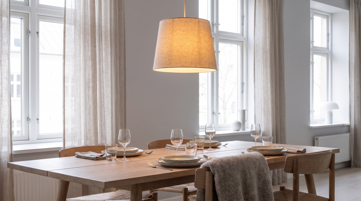 Single pendant hanging at conversation height above a pale oak dining table