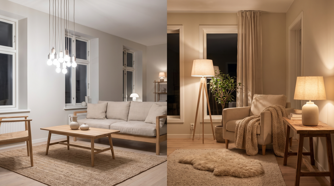 A room lit flatly by one bright ceiling light compared with several softer lamps