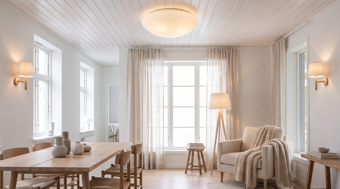 Low ceilinged Scandinavian room lit by a flush dome light and two wall lights