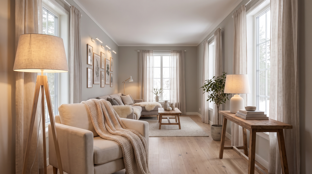 Long narrow Scandinavian living room lit in three separate zones