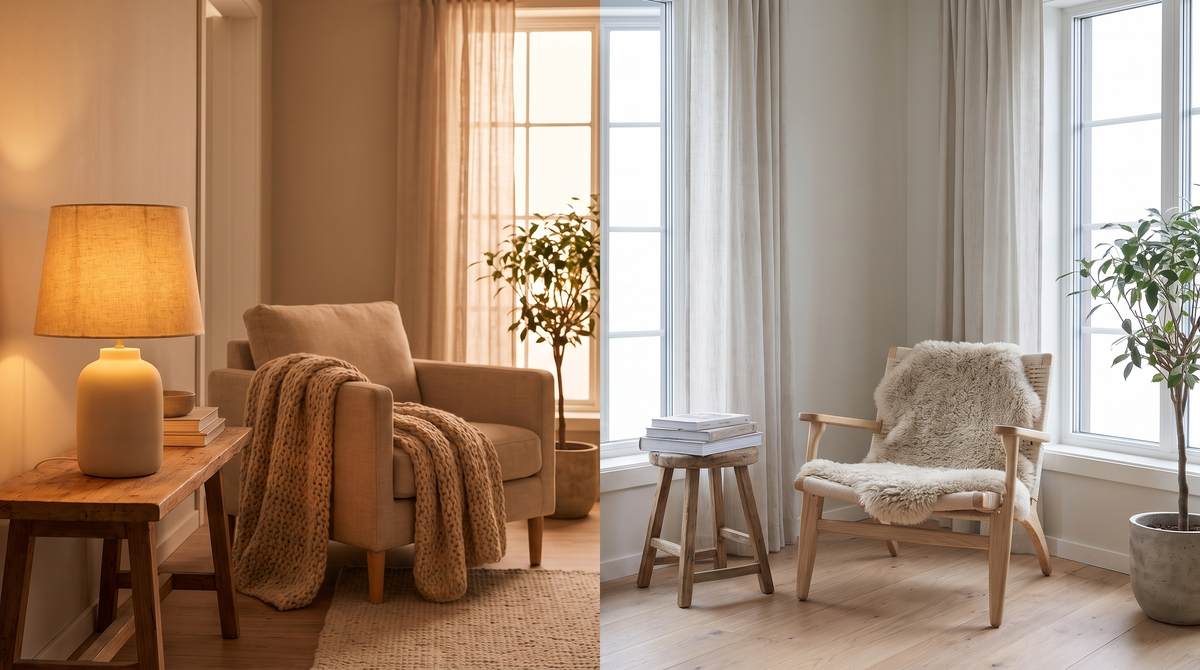 A living room showing warm amber lamp light beside cooler neutral daylight