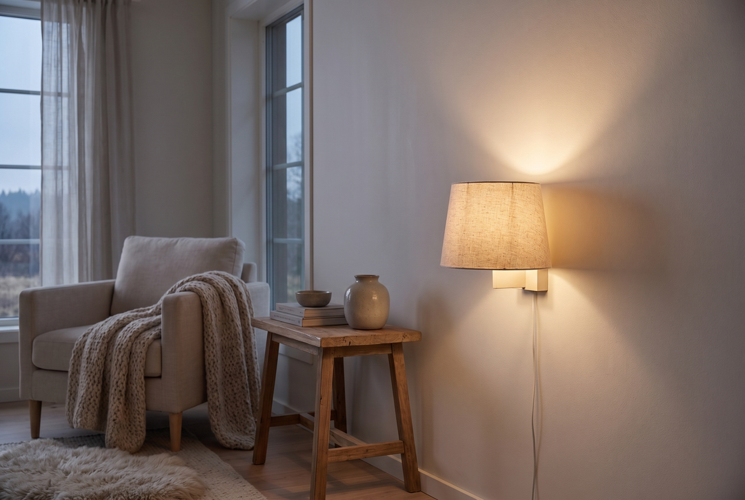 Wall light throwing soft indirect light up a pale wall in a dim room