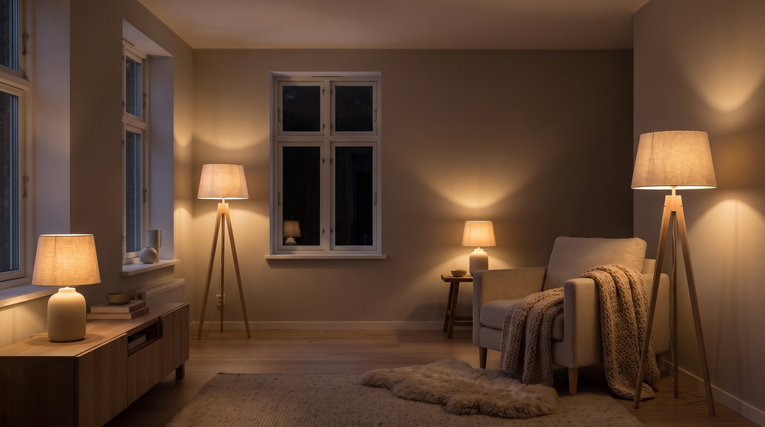 Scandinavian living room lit in the evening by four small lamps at different heights