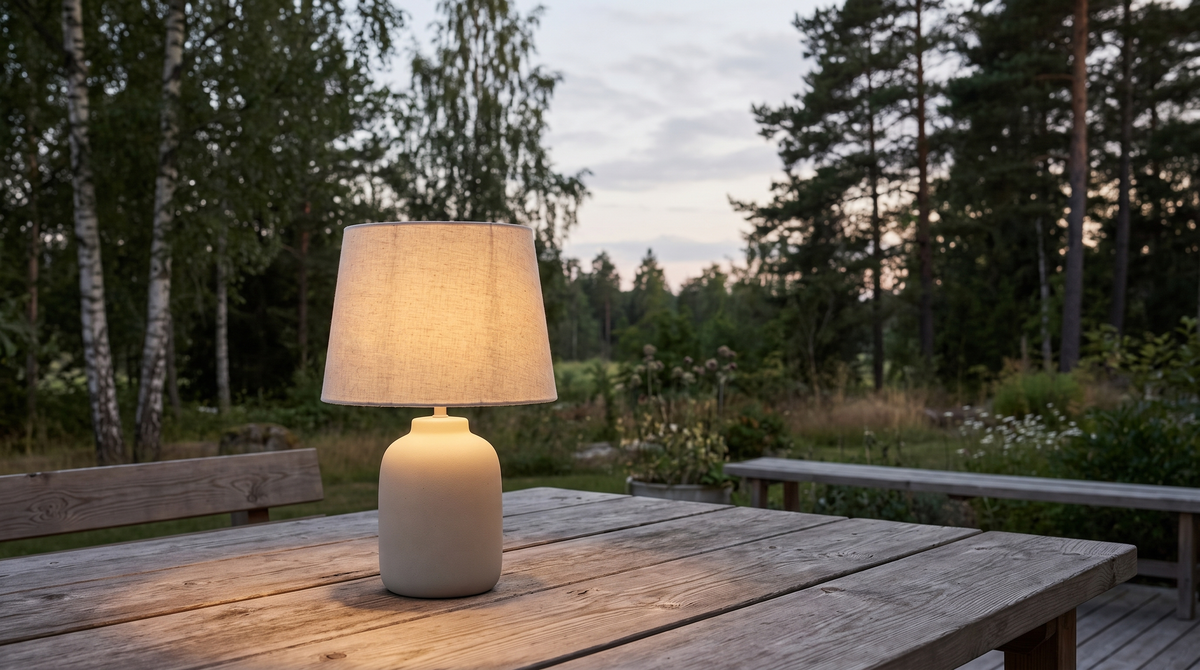 Cordless rechargeable lamp glowing on an outdoor table at dusk