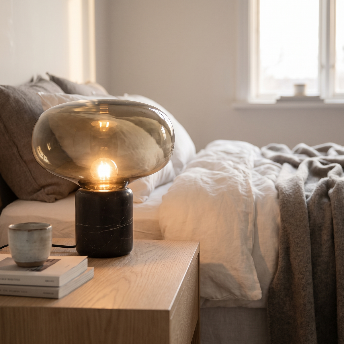 Amber glass mushroom table lamp glowing on a light oak bedside table beside white linen bedding