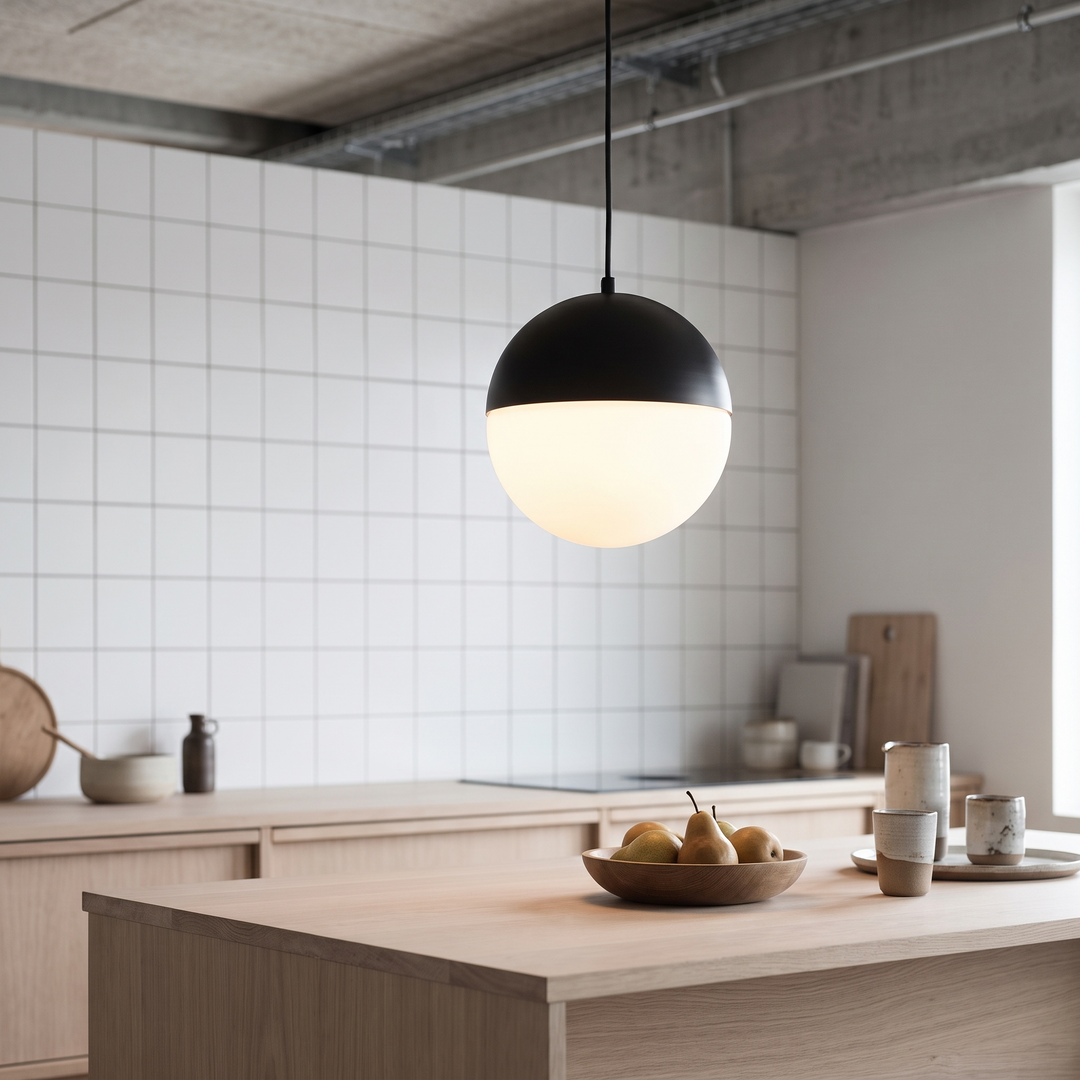 Glass and metal pendant light hanging low over a pale oak kitchen island in a Scandinavian kitchen