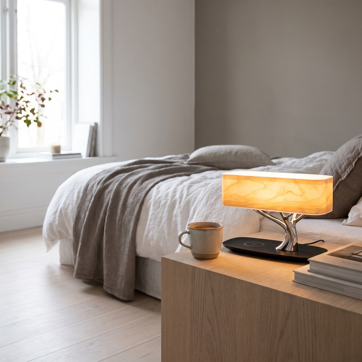 Grove wireless charging table lamp in a Scandinavian bedroom