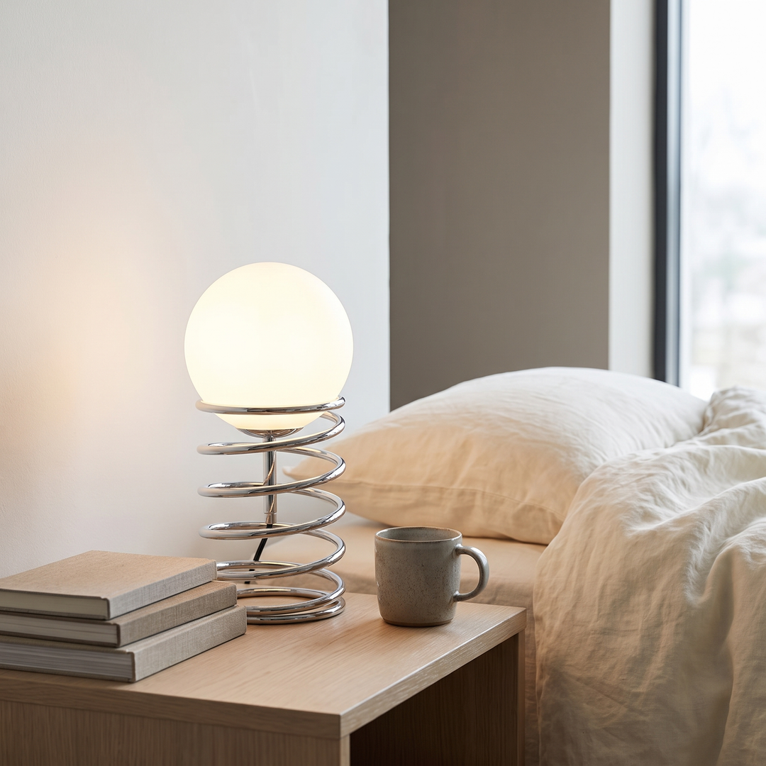 Helix spring glass table lamp in a Scandinavian interior