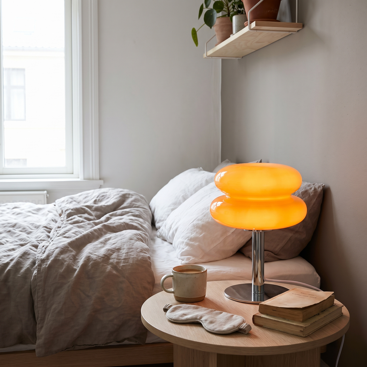 Opal macaron table lamp in a Scandinavian bedroom