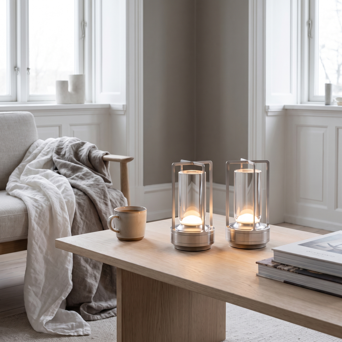 Nomad rechargeable table lamp in a Scandinavian interior