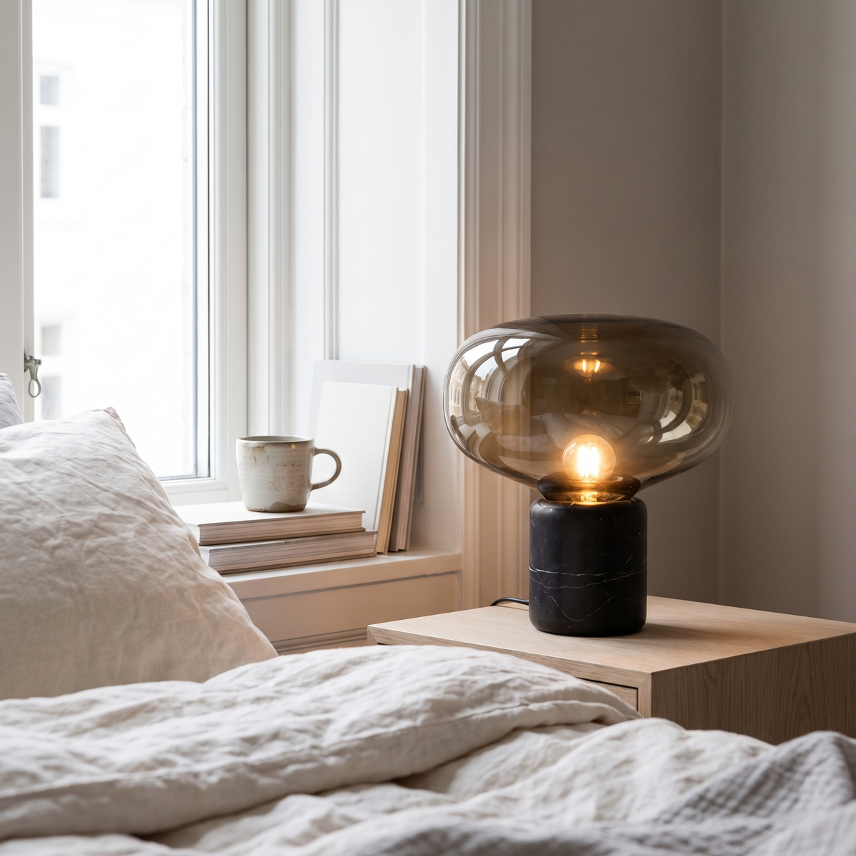 Amber glass table lamp in a Scandinavian bedroom