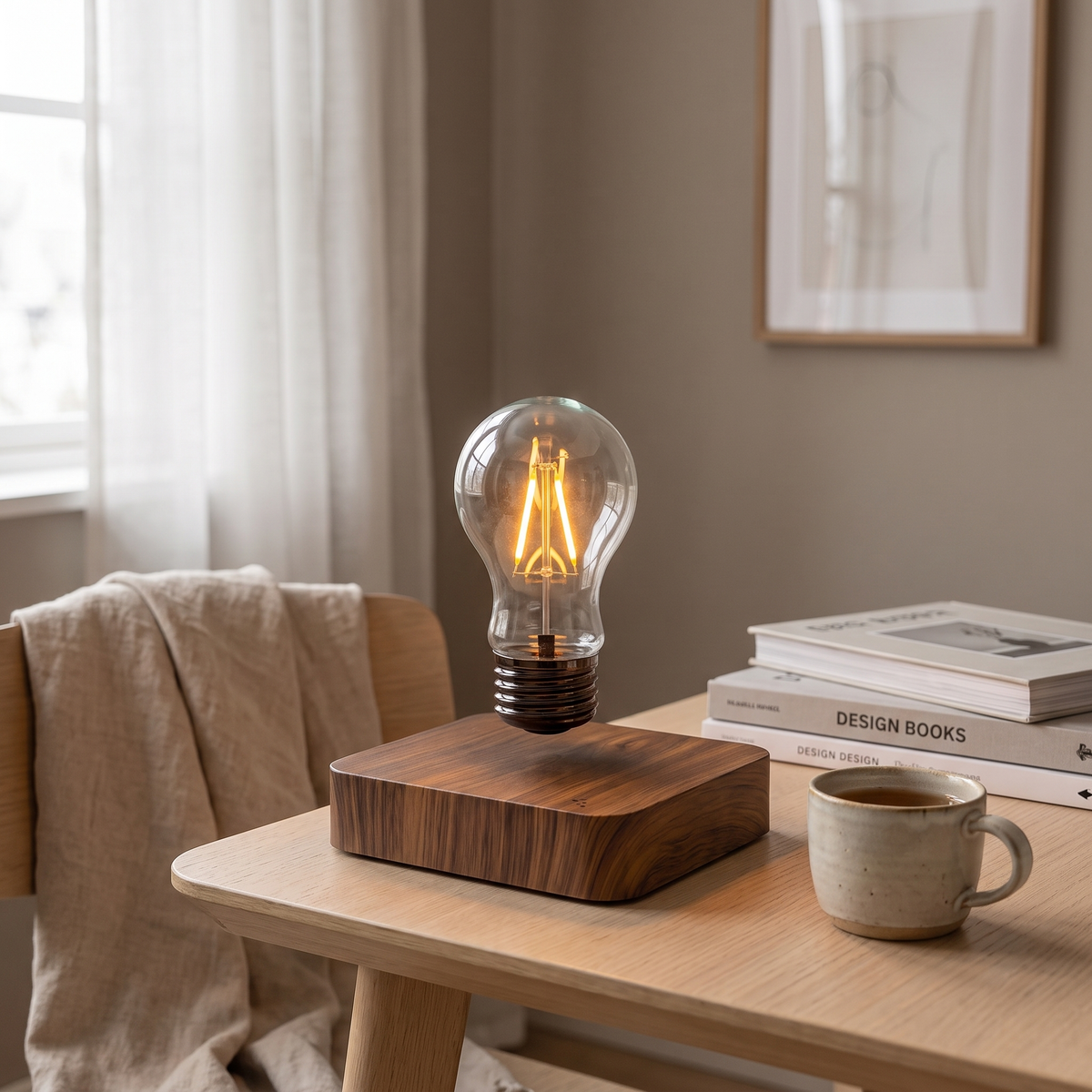 Float levitating lamp in a Scandinavian interior