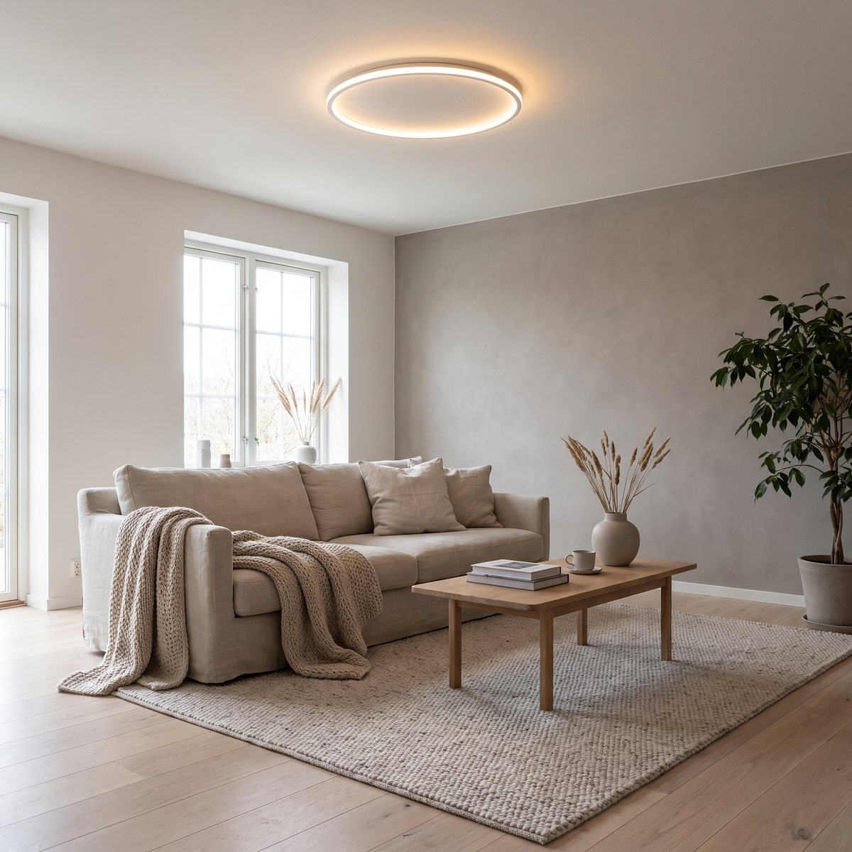 Halo white flush mount ceiling light in a Scandinavian room