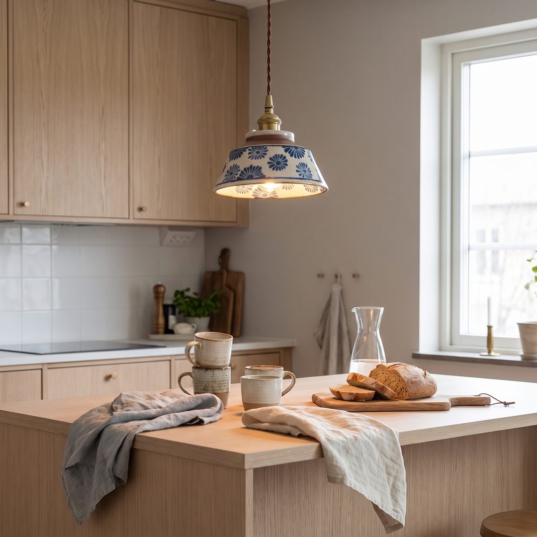 Glaze ceramic pendant light above a Scandinavian kitchen island
