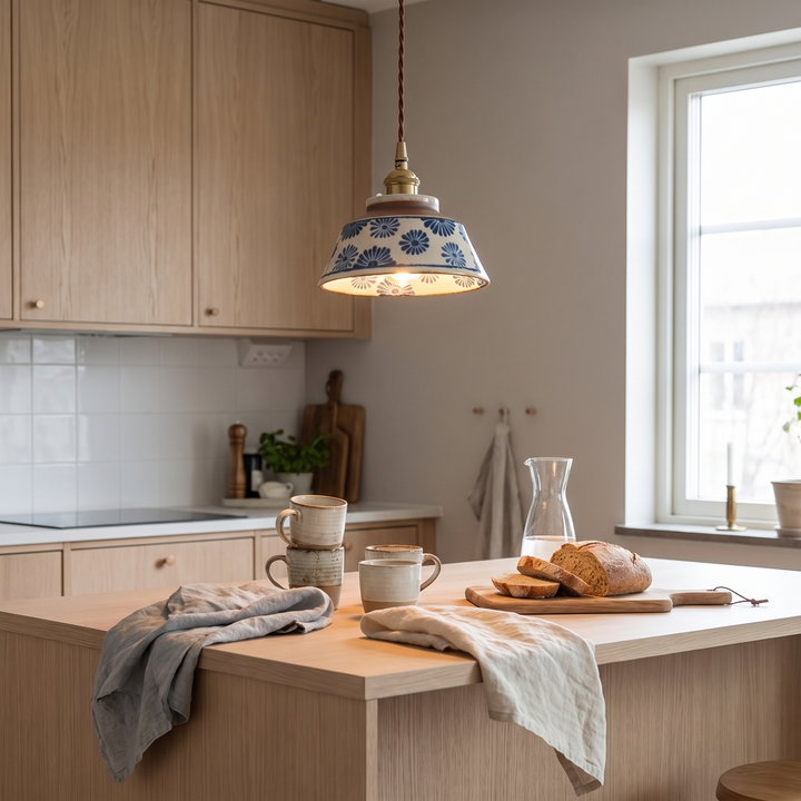 Glaze ceramic pendant light above a Scandinavian kitchen island