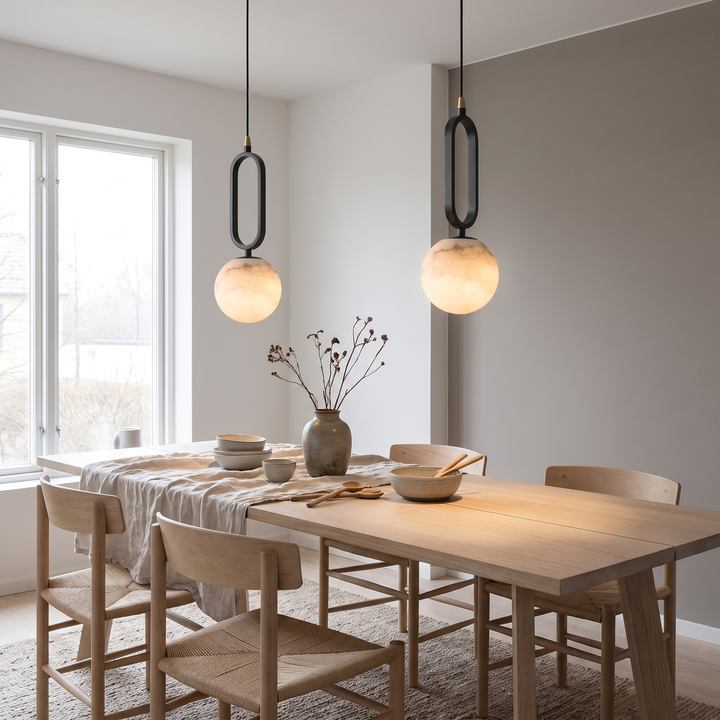 Quarry marble pendant light in a Scandinavian dining room