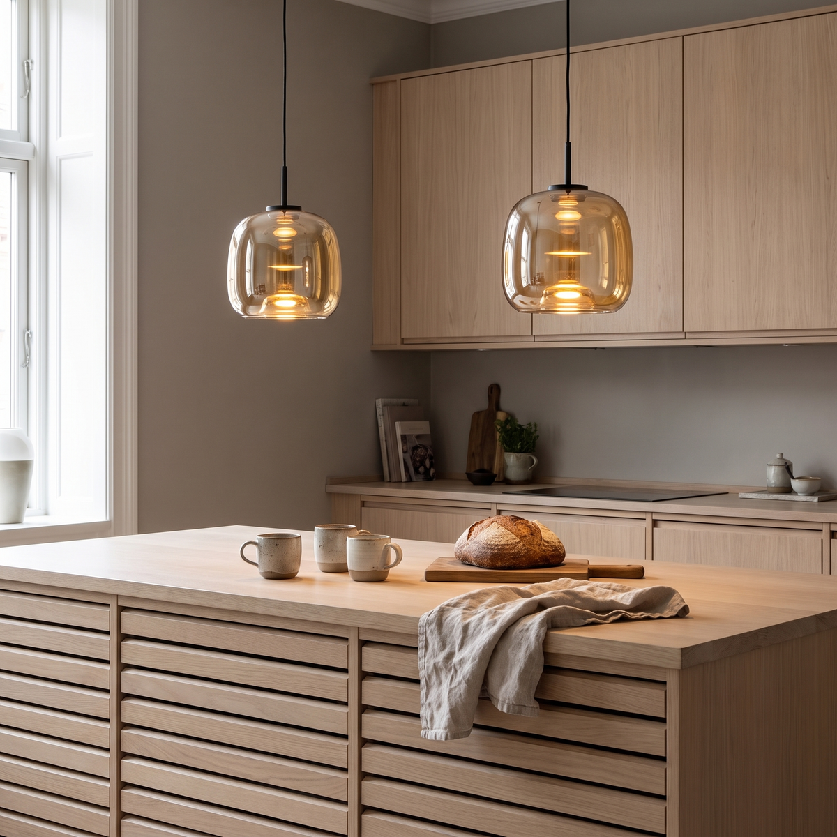 Bell amber glass pendant light above a Scandinavian kitchen island