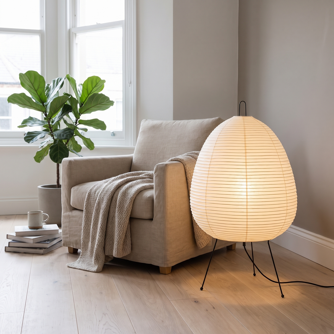 Frost rice paper tripod floor lamp in a Scandinavian living room