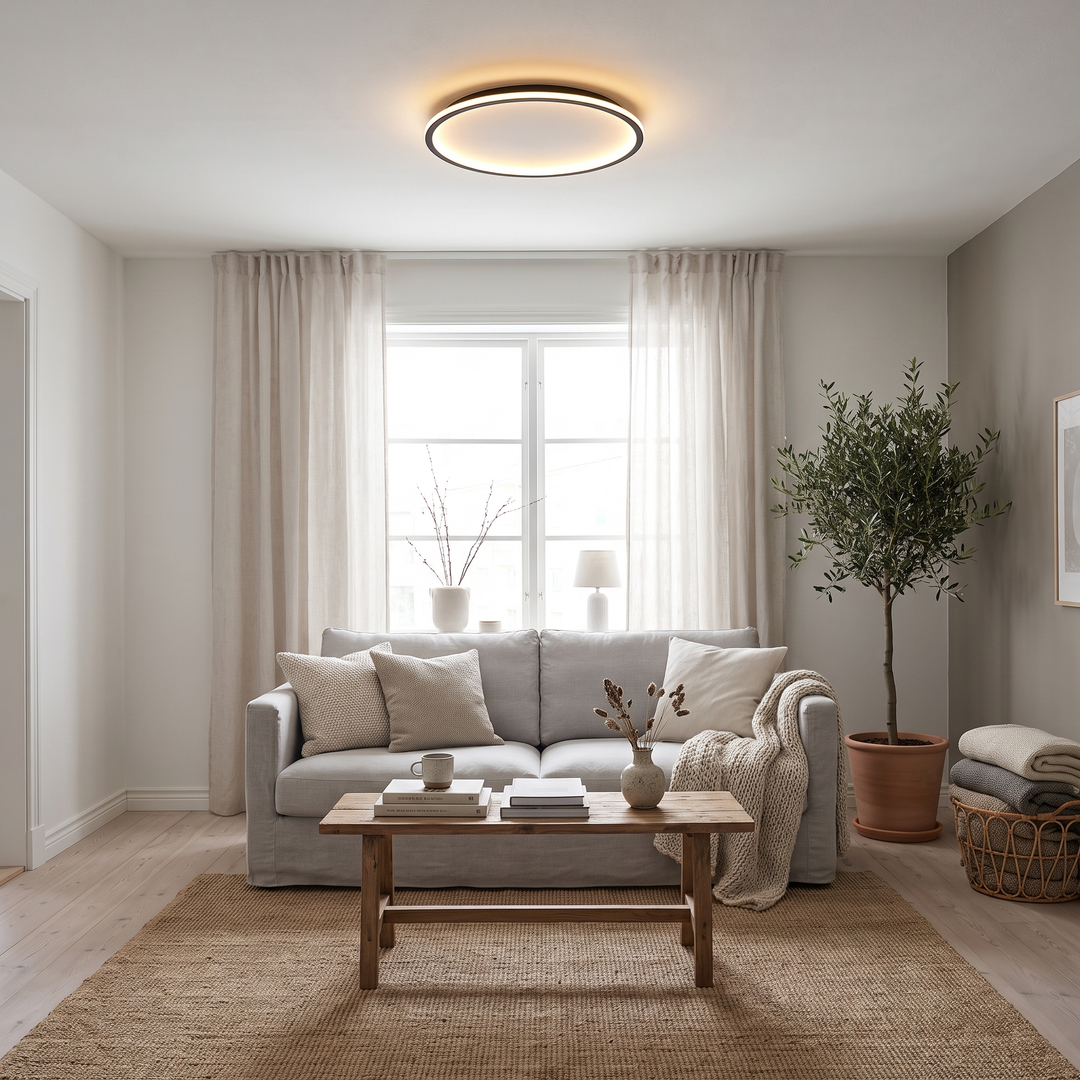 Halo black flush mount ceiling light in a Scandinavian room