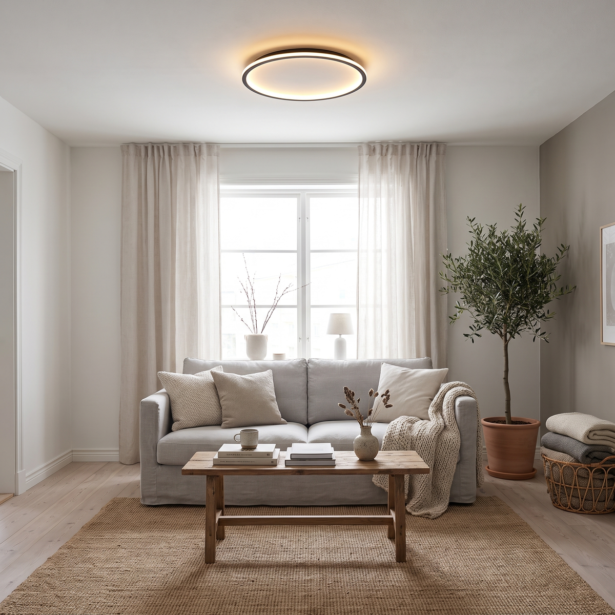 Halo black flush mount ceiling light in a Scandinavian room