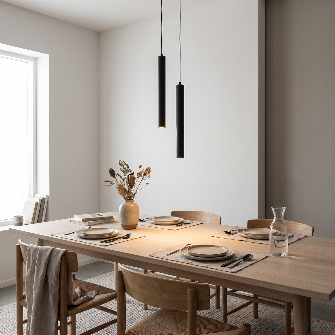 Stem LED cord pendant above a Scandinavian dining table