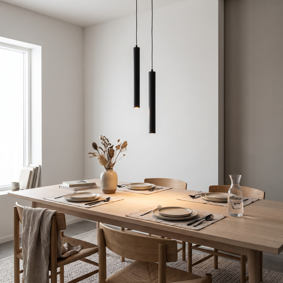 Stem LED cord pendant above a Scandinavian dining table