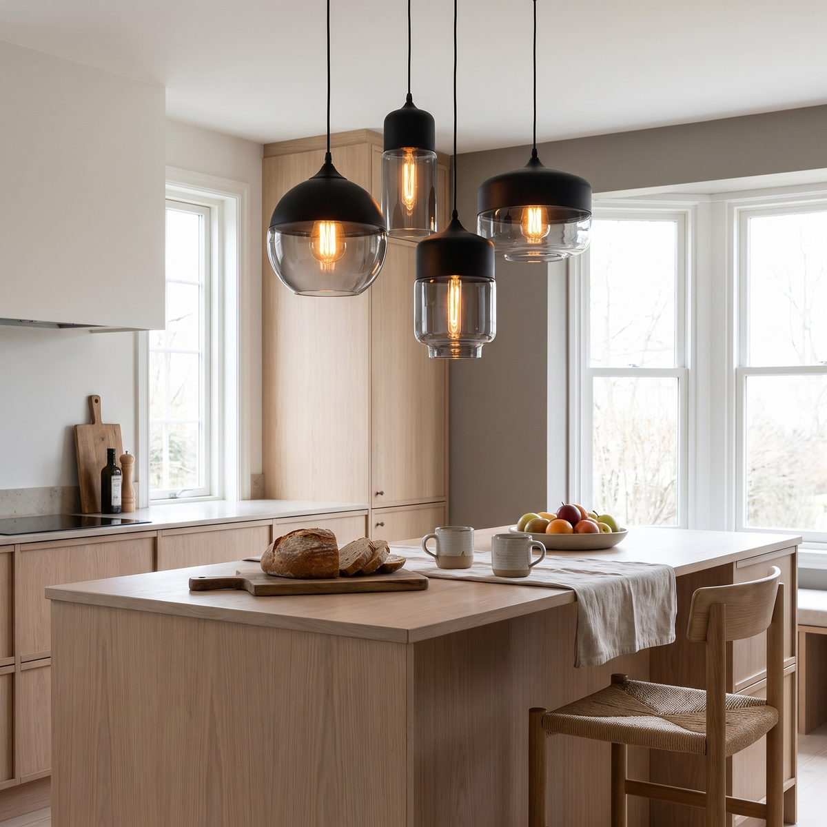 Facet glass and wood pendant light above a Scandinavian kitchen island
