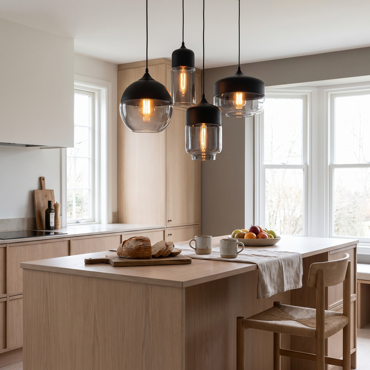 Facet glass and wood pendant light above a Scandinavian kitchen island