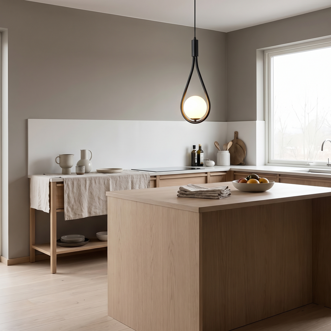 Tilt adjustable pendant spotlight in a Scandinavian interior