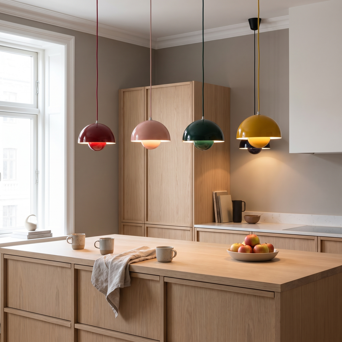 Dome flowerpot pendant light above a Scandinavian kitchen island