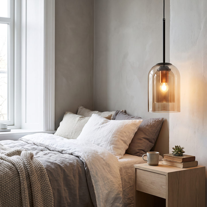 Pearl amber glass pendant light in a Scandinavian bedroom