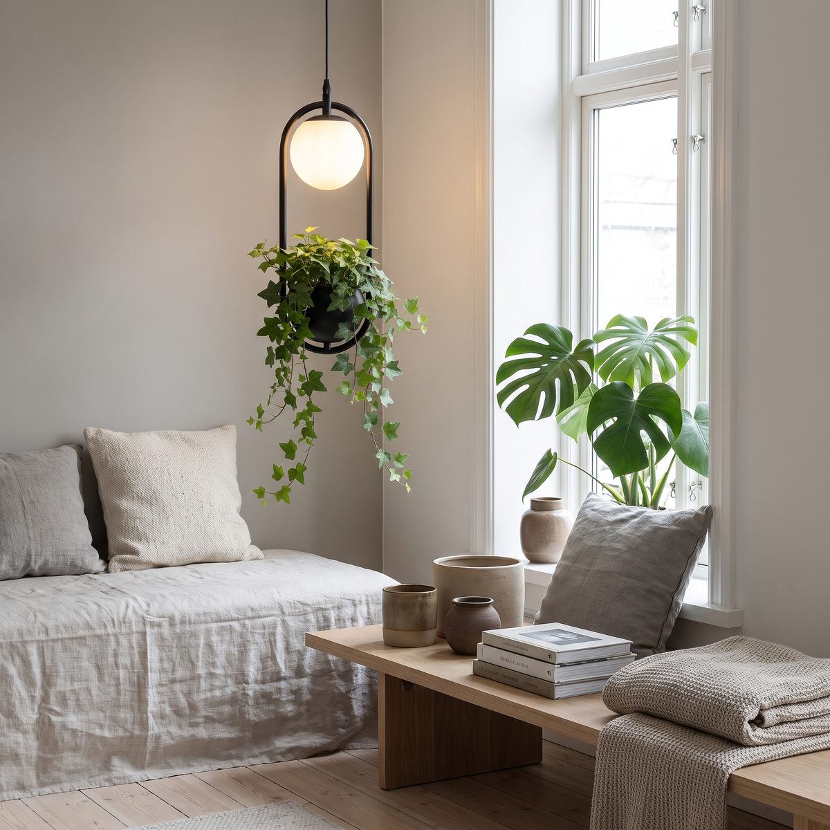 Trellis planter pendant light in a Scandinavian interior
