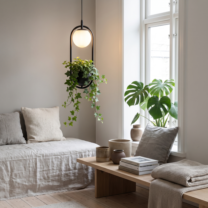 Trellis planter pendant light in a Scandinavian interior