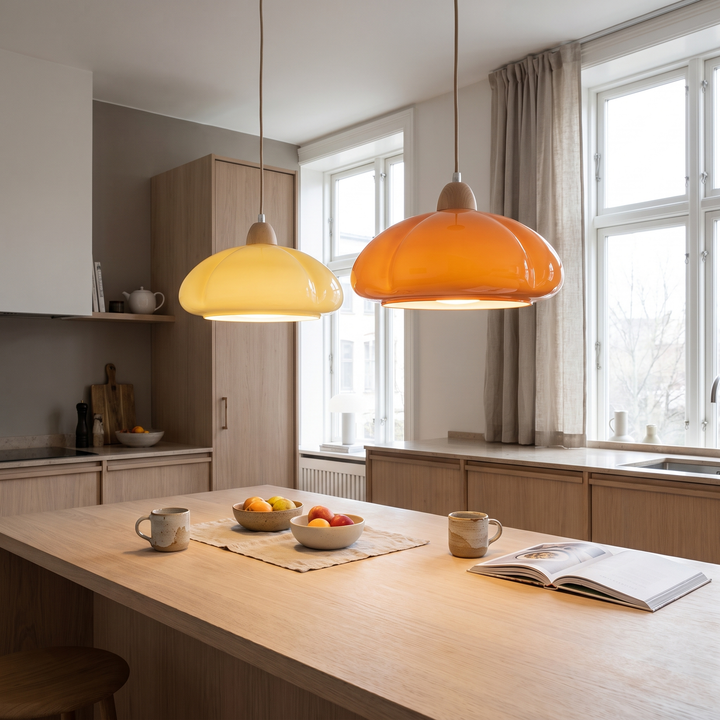 Sorbet glass pendant light above a Scandinavian kitchen island