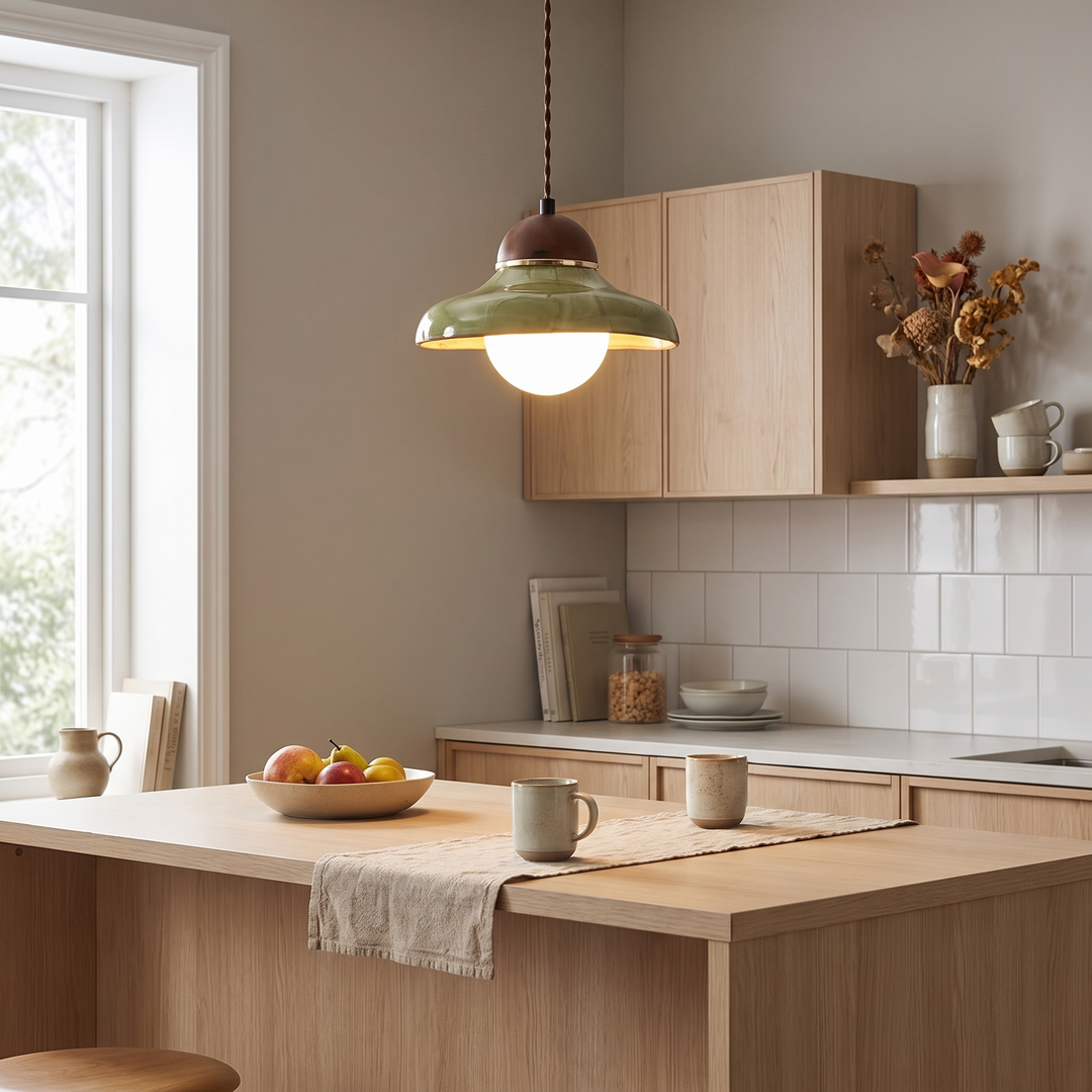 Fern green ceramic pendant light above a Scandinavian kitchen island