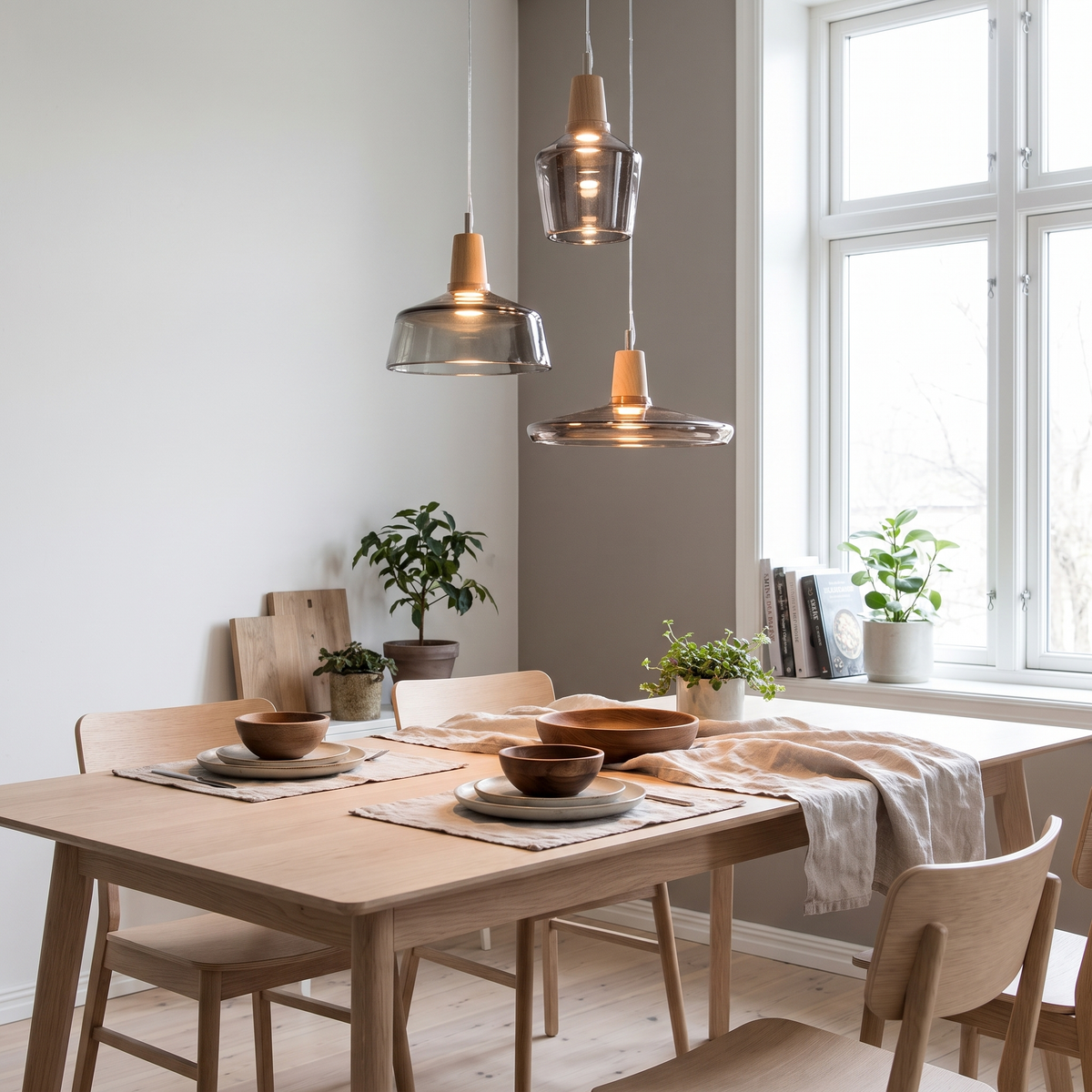 Timber wood and glass pendant light in a Scandinavian dining room