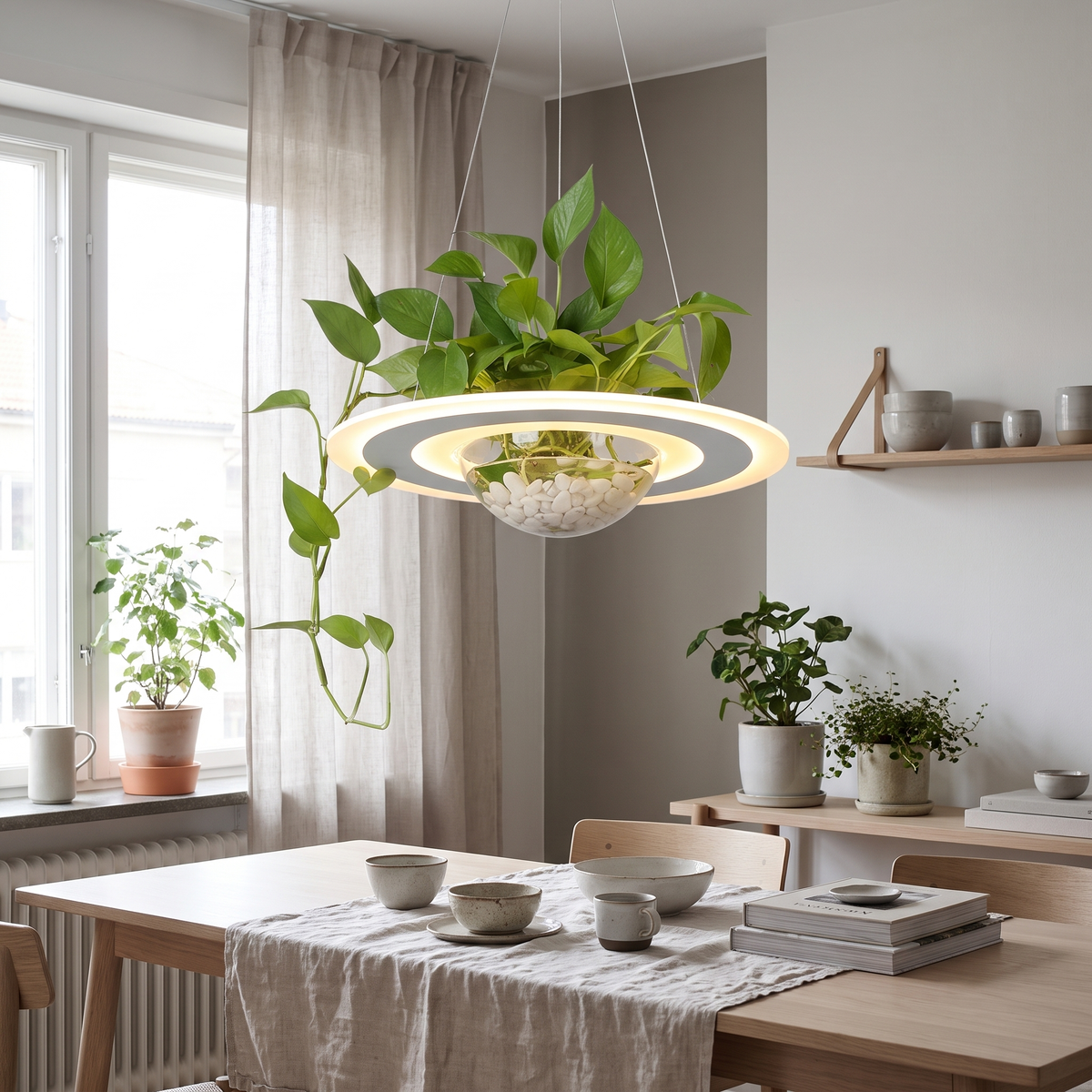 Verdant glass terrarium pendant light in a Scandinavian interior