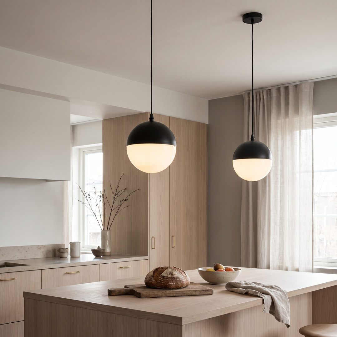 Anvil industrial pendant light above a Scandinavian kitchen island